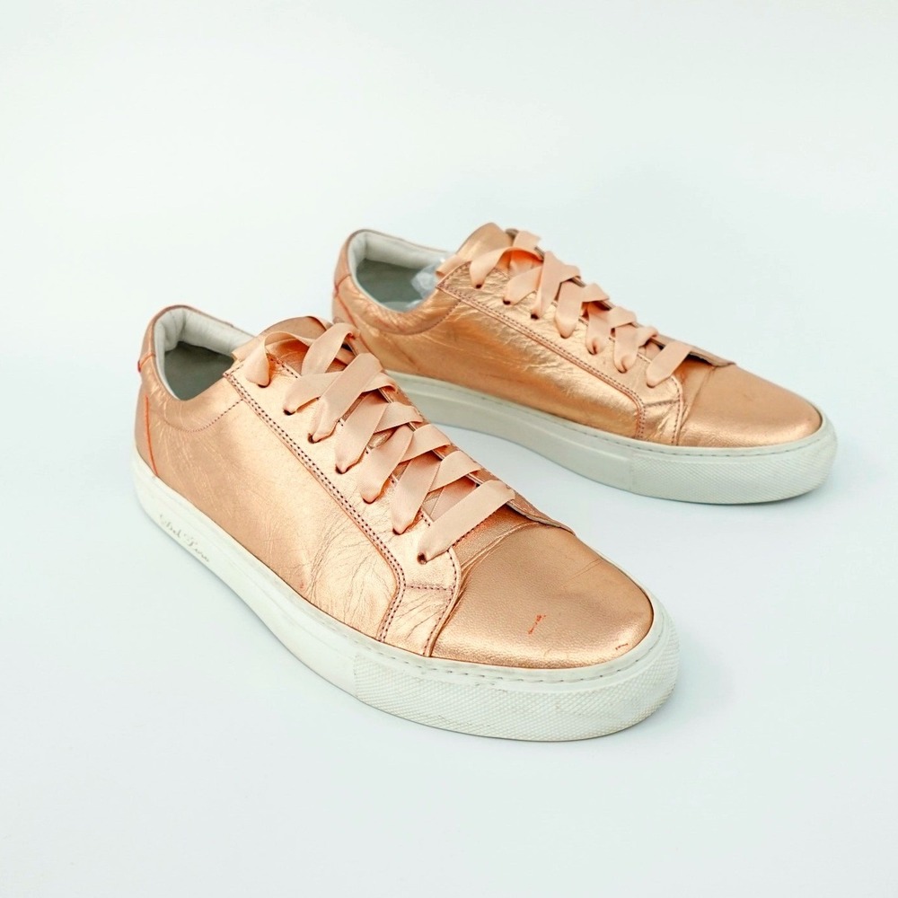 Del Toro‎ Leather Sneakers Womens 9 Pink Metallic Low Top Satin Laces Shoes Glam